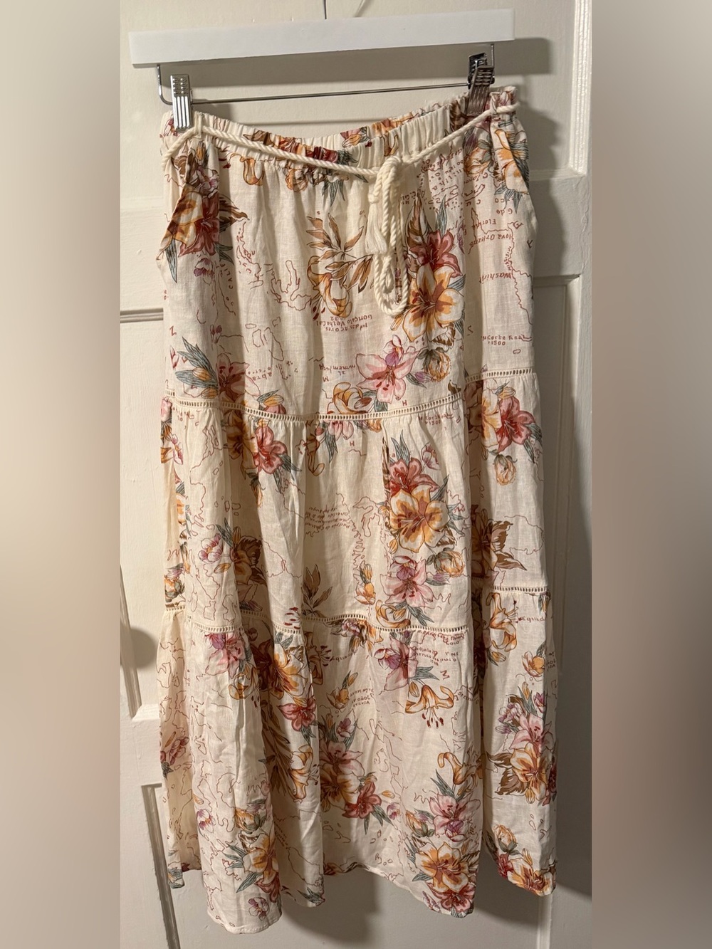 NWT Calypso St. Barth Floral Map Print Tiered Maxi Skirt Cream Size Medium